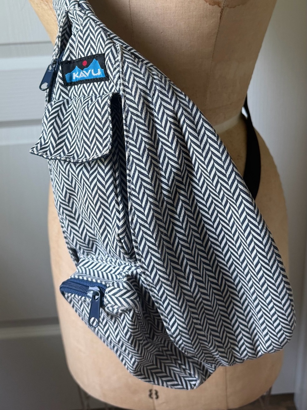 KAVU Rope Sling Crossbody Backpack Blue & White Herringbone Print